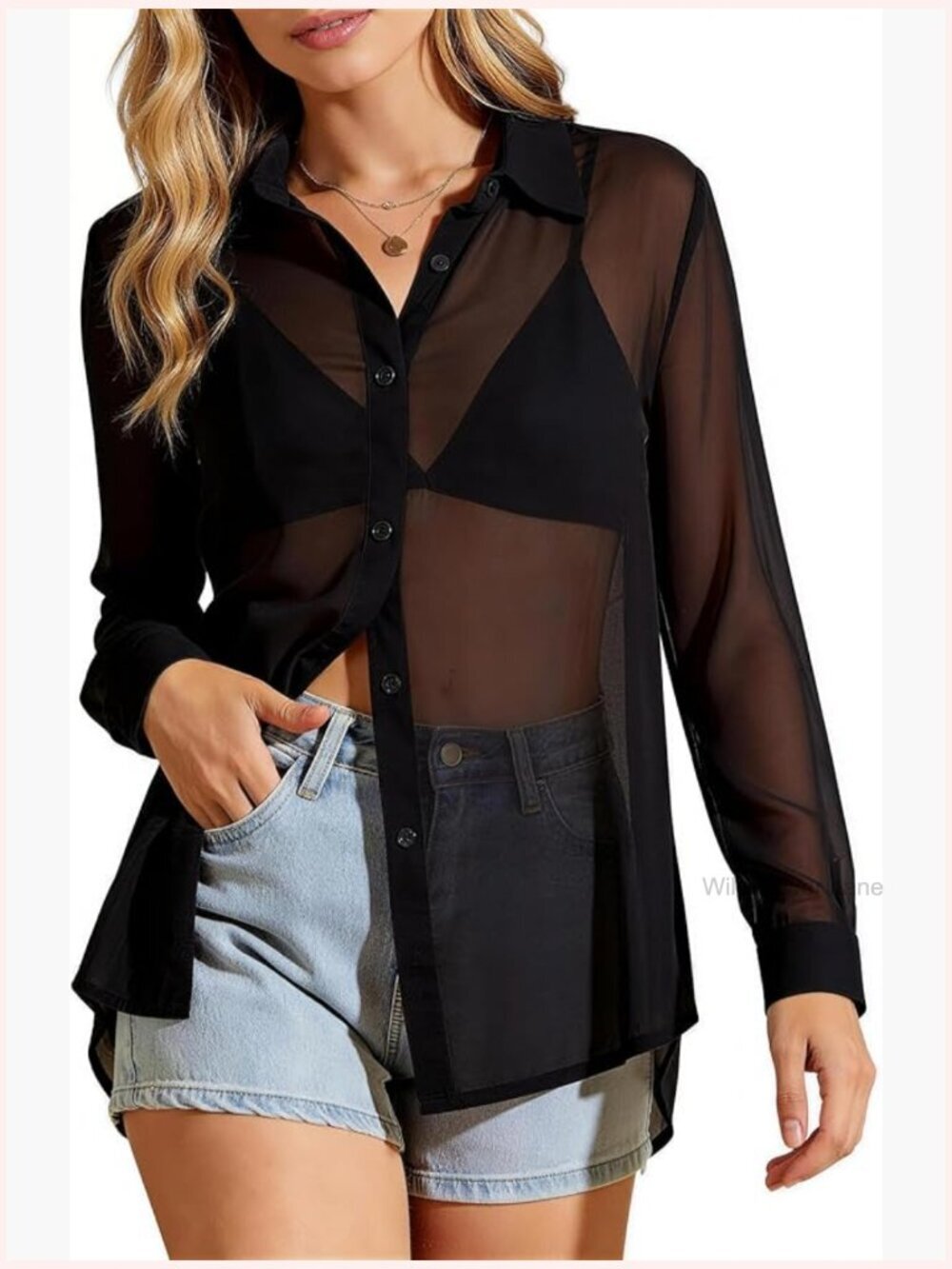 Sheer Long Sleeve Button Up Shirt Women Sexy See Through Mesh Blouse Top